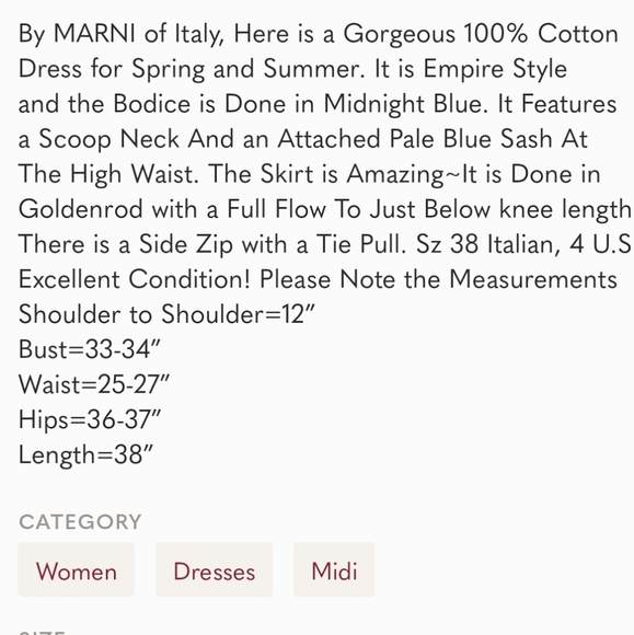 Marni Cotton Midnight Blue/ Goldtone Sash Tie Empire Midi Dress U.S. 4 Beautiful - Picture 9 of 9